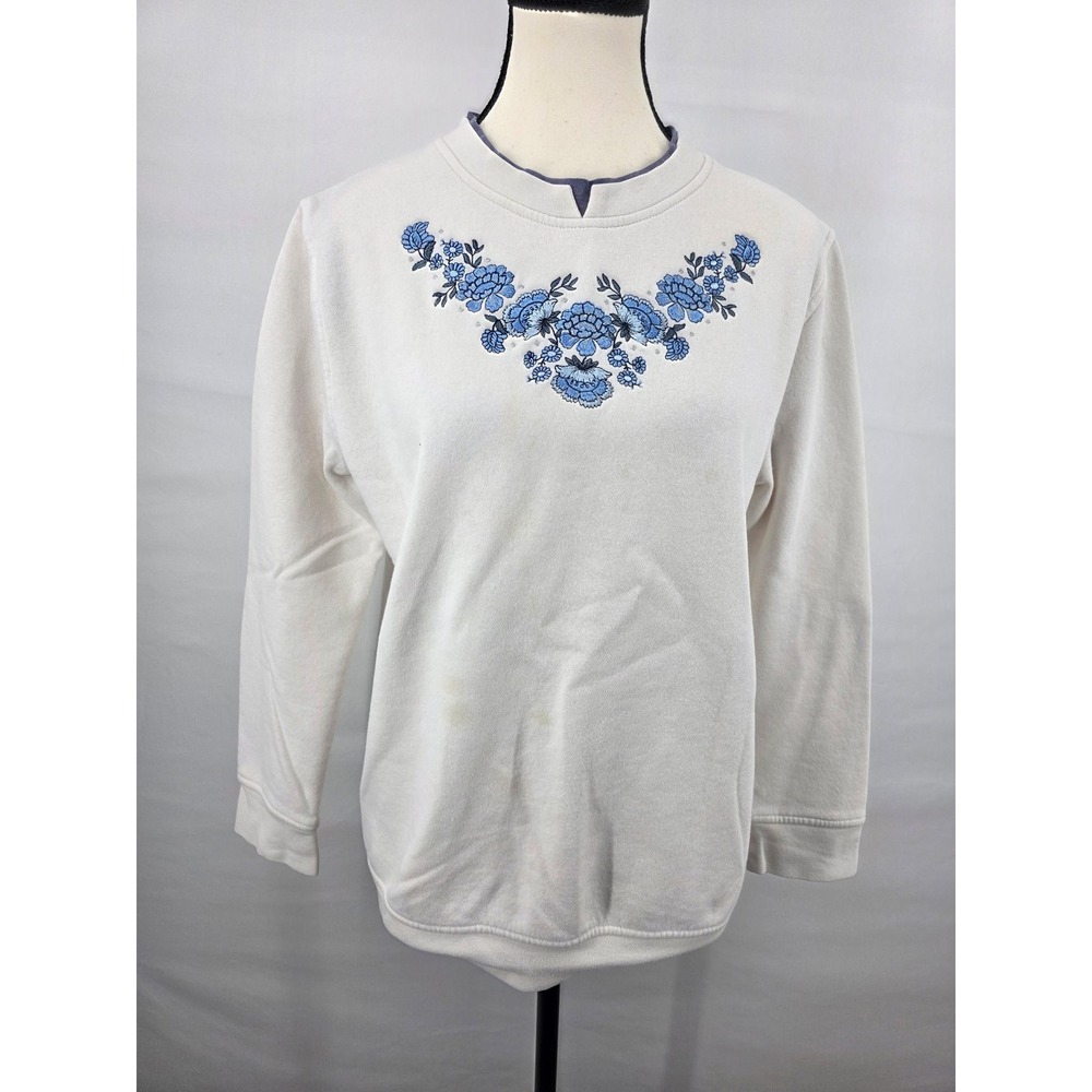 Speculation Womens Cream Floral Embroidered Sweatshirt Blue Flowers Size S